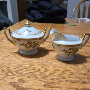 Floral Porcelain Sugar Bowl and Creamer Set with Gold Accents